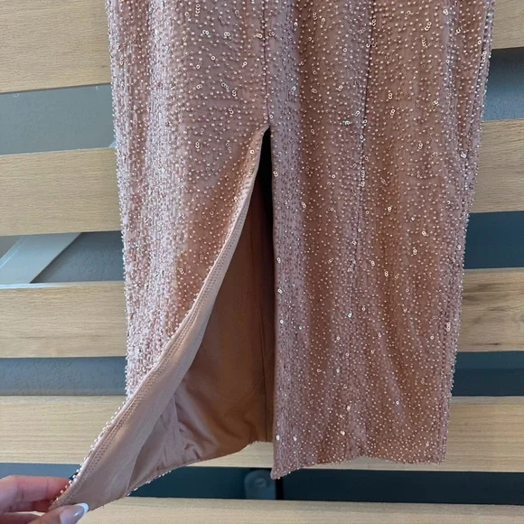 PALERMO 
Embellished Bandeau Cowl Neck Maxi Dress in Beige - Picture 8 of 10